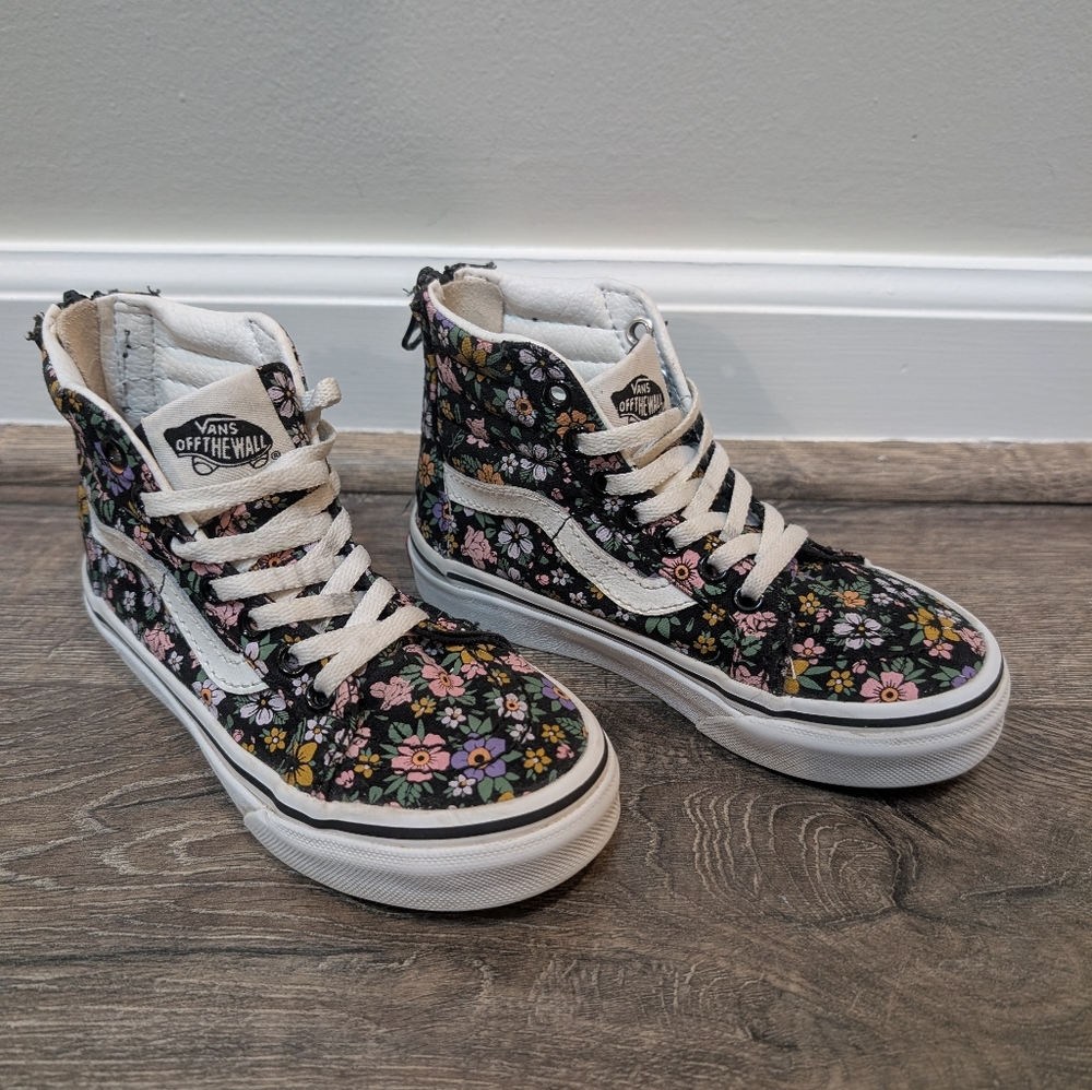 Vans Size 12.5 Toddler Girl Black Pink Purple Flowers Sk8 Hi Zip High Tops Shoes